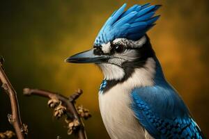 New Years Blue Jay bird with miniature top hat and holiday themed bow tie isolated on a gradient background photo