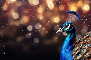 Christmas Peacock tail feathers lit with holiday lights background with empty space for text photo