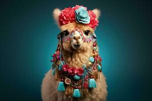 Christmas Alpaca decorated with holiday ornaments and wreath isolated on a gradient background photo