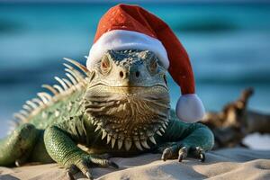 Papa Noel sombrero vistiendo iguana salones en tropical inspirado decorado Navidad rama en playa foto