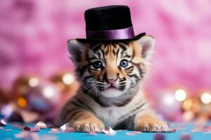 New Years Bengal Tiger cub in top hat amidst confetti background with empty space for text photo