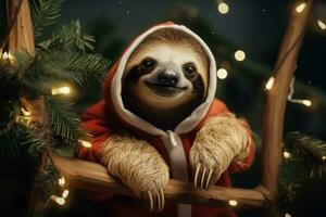 Sloth in Santa costume hanging from festively decorated holiday tree branch photo