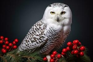 Christmas Snowy Owl perched on pine branch with candy cane isolated on a gradient background photo