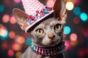 New Years Sphynx cat with Christmas tree hat and holiday ribbon background with empty space for text photo