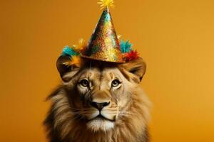 African Lion in a festive party hat for New Years isolated on a gradient background photo