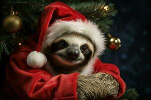 Christmas sloth in Santa costume hanging from holiday tree background with empty space for text photo