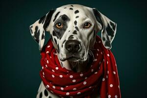 Dalmatian dog in antler headband and holiday scarf evokes cozy Christmas cheer photo