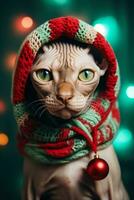 New Years Sphynx cat in Christmas tree hat and holiday collar isolated on a gradient background photo