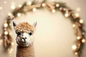 Christmas Alpaca with festive ornaments and wreath background with empty space for text photo