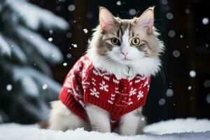 Maine Coon cat wearing a holiday sweater isolated on a white background photo