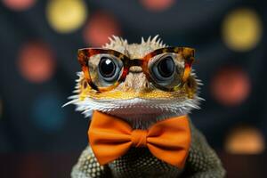 New Years Bearded Dragon lizard in festive bow tie background with empty space for text photo