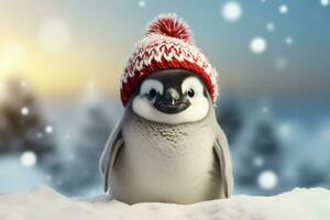 Christmas Emperor Penguin chick in Santa hat amid snow isolated on a gradient background photo