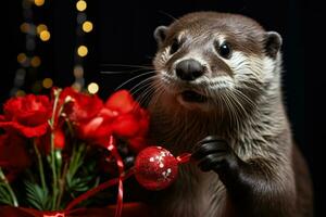 New Years otter playfully interacting with Christmas bauble background with empty space for text photo