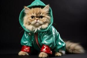 Christmas Persian cat in a sparkling elf suit with jingle bell shoes isolated on a gradient background photo