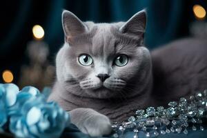 Russian Blue cat adorned with sparkling 2023 tiara for New Years celebration photo