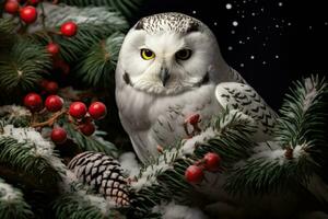 Snowy Owl grips candy cane on pine branch embodying Christmas spirit photo