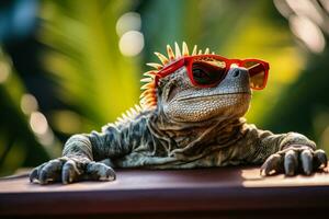 Navidad iguana descansando en un tropical playa fiesta rama aislado en un blanco antecedentes foto