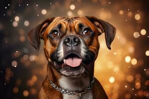 Boxer perro en lentejuela sombrero celebrando nuevo año aislado en un degradado antecedentes foto