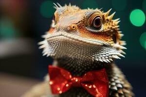 New Years Bearded Dragon lizard sporting a festive holiday bow tie photo