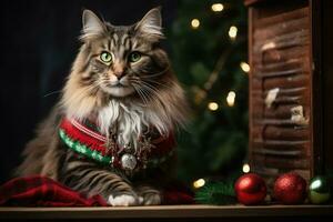 Maine Coon cat in holiday sweater radiating Christmas cheer photo