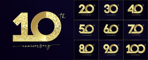 conjunto de aniversario número íconos con brillante dorado píxeles vector