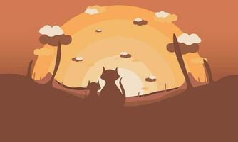 Cats silhouette in Africa background vector wallpaper, landscape illustration ,world cat day