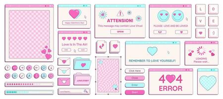 Set of Y2K Valentine Day retro computer windows, buttons, messages and other romantic interface elements with cheering phrases. Vector illustration.