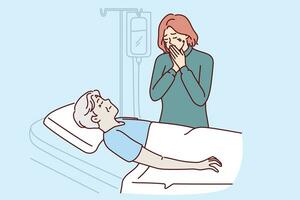 llorando mujer soportes cerca hospital cama con terminalmente enfermo padre en necesitar de costoso operación foto