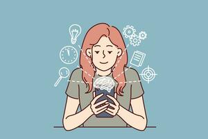 Woman with mobile phone uses artificial intelligence apps to schedule or complete professional tasks photo