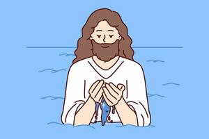 Jesus stands in water and washes face, for concept of second coming god in christian religion photo