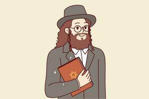 Jewish man with long hair and beard holds torah book with star of david on cover photo