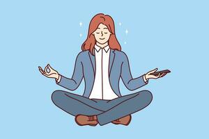 Business woman meditates and practices yoga to get rid of bad emotions or learn zen buddhism photo