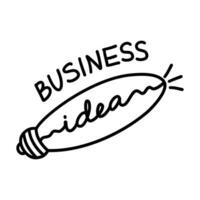 Vector light bulb icon with concept of business idea. Doodle hand drawn sign. Illustration for print, web