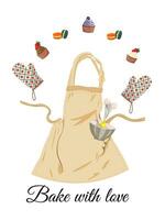 Baking. Baker's apron and gloves juggle muffins. Bowl with beaten eggs and whisk. Postcard with the inscription Bakes with love. Vector illustration