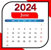 2024 junio mes calendario con rojo y negro vector