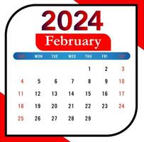 2024 febrero mes calendario con rojo y negro vector