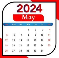 2024 mayo mes calendario con rojo y negro vector