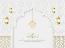 islámico Arábica elegante lujo ornamental antecedentes con islámico modelo y decorativo colgando linterna adornos vector