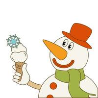 Snowman eats ice cream. Christmas illustration in retro style. Cartoon character. Vector. vector