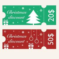 Christmas discount coupons with Christmas tree, decorations, gift box and snowflakes background. vector