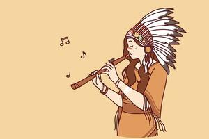 injun o chamán mujer jugando flauta, vestido en étnico atuendo y tocado con plumas foto