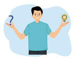 portrait man holding question symbol and light bulb symbol. question and answer q and a or solution to solve problem vector