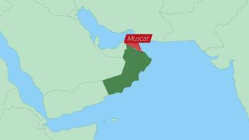 mapa de Omán con alfiler de país capital. vector