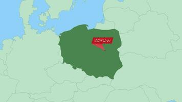 mapa de Polonia con alfiler de país capital. vector