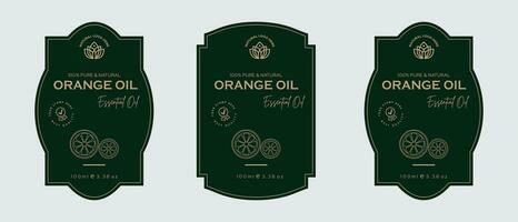 Orange oil label design cosmetic products label for skin care and beauty, herbal ingredients. Citrus Labels with sketches, and package emblem. Green gold premium vector illustration