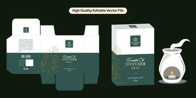 Essential oils aroma diffuser box packaging design. Home fragrance oils diffuser carton design. Hand-drawn flowers, Room perfume packaging, editable design with die line layout and realistic mockup. vector