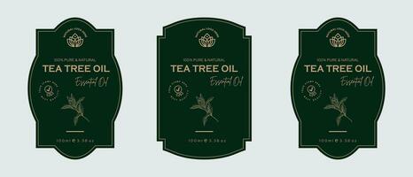 Tea tree oil label design cosmetic products label for skin care and beauty, herbal ingredients. Tea tree Labels with sketches, and package emblem. Green gold premium vector illustration.