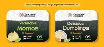 Dumplings momos packaging design, dim sums label design, dumplings box design, steam and fried dumplings and momos packaging illustration, momo packaging, premium vector template design