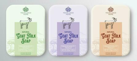 Goat milk soap label design hand drawn goat milk labels and patterns for handmade soap bars, natural soap box mono carton vector illustration