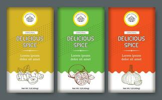 Spice Box Design Turmeric Label Lemon Label Garlic Spice Label Designs. Abstract Vector Labels Template Set. Hand Drawn Sketch Herbs, Spice Background and Minimal Style Illustration.